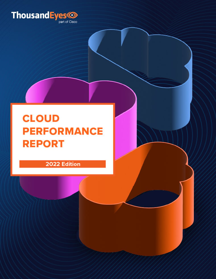 Cover of the Cloud Performance Report. Has a dark blue background with three multicolored clouds and the eBook title.