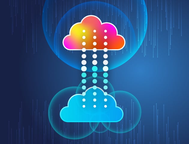 A blue graphic with a pink cloud above a blue cloud with three dotted lines connecting them.