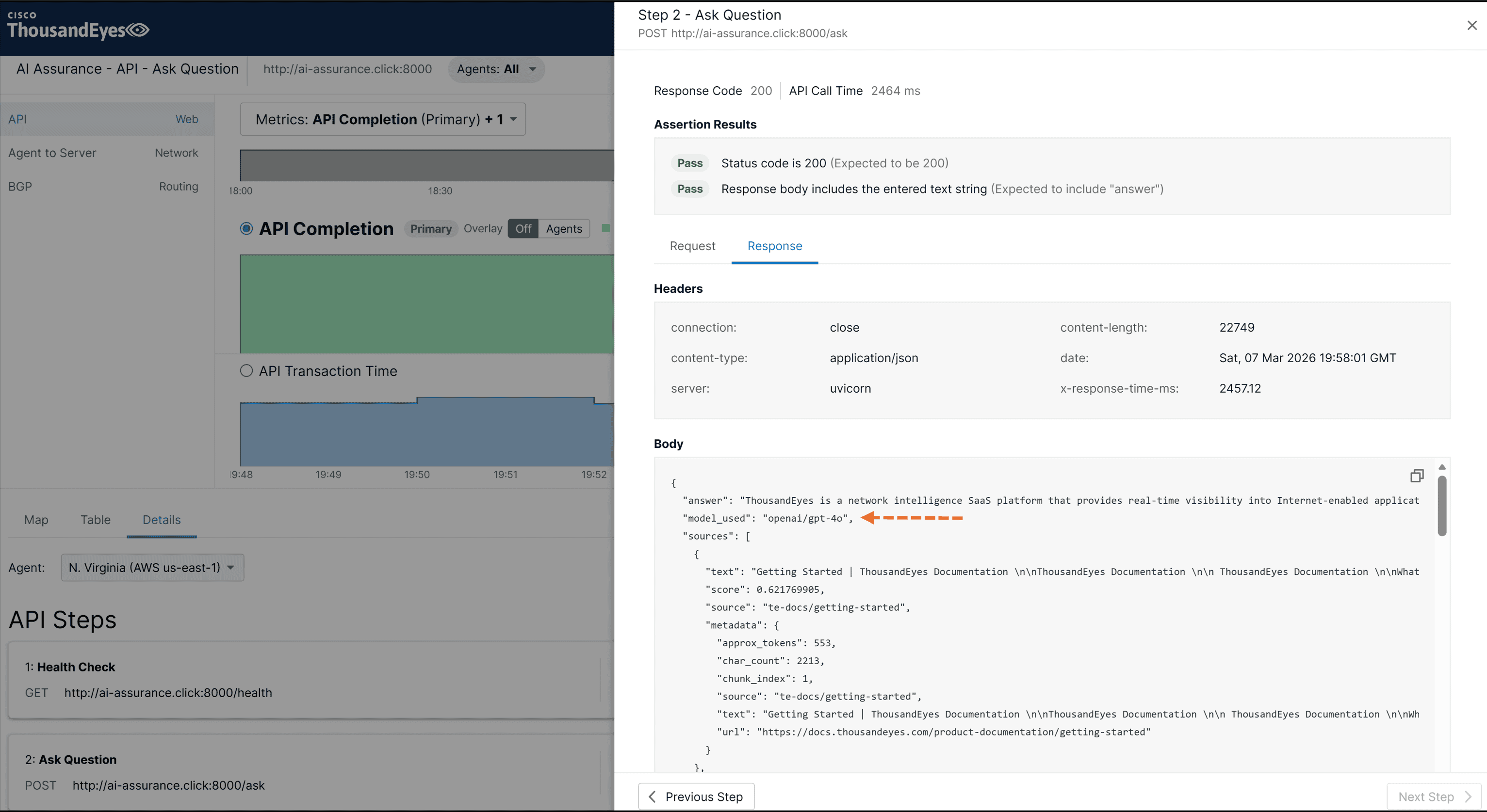 Figure 6b: The ThousandEyes Assurance for Agentic Application test captures the responding LLM has changed to GPT-4o. Visual of ThousandEyes API test along with the collected response body showing LLM change