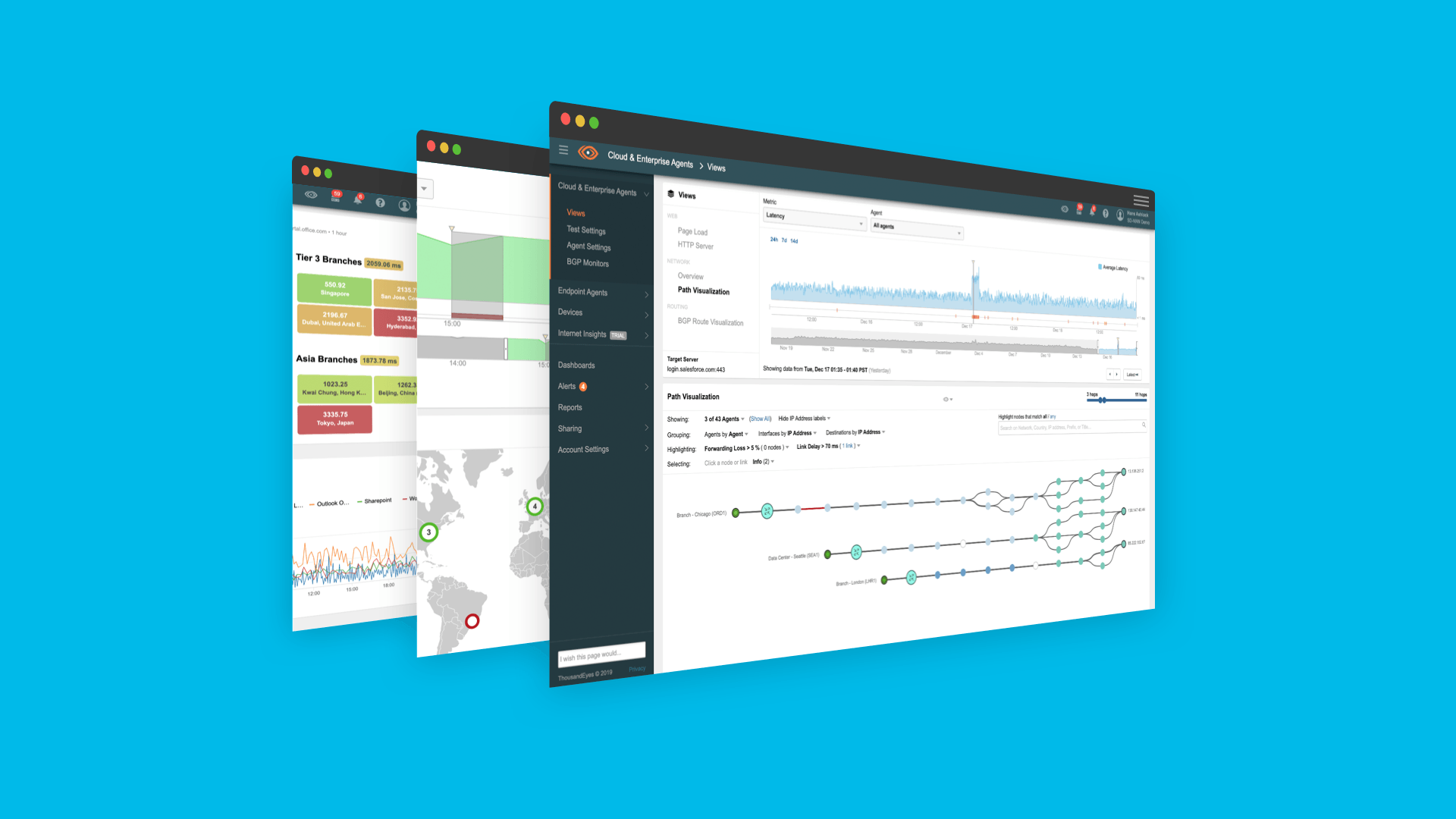 Cisco Catalyst 스위치의 ThousandEyes Enterprise Agent는 캠퍼스 네트워크에서 SaaS 앱에 이르기까지 End-to-End 가시성을 확보합니다