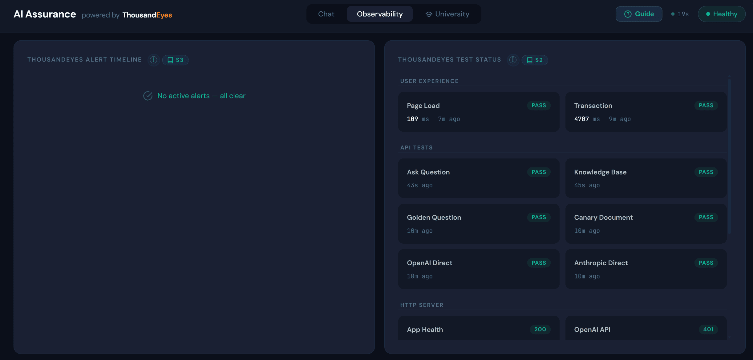 Figure 3: 16 tests, 5 types, 4 vantage points. Every dependency in the AI stack covered and integrated into customer AI Assurance dashboards via MCP. ThousandEyes test section of customer AI Assurance Dashboard