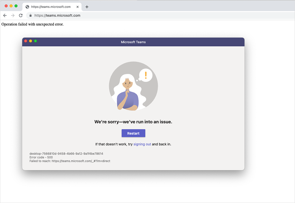 Screenshot showing error message when using Microsoft Teams