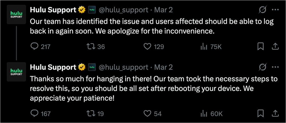 Hulu Support posts on X acknowledging the March 2 outage