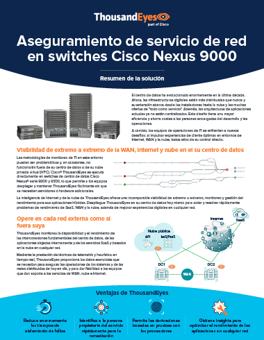 Resumen de la solución derivada de la integración entre ThousandEyes y los switches para centros de datos Cisco Nexus 9000 Series: Llevamos la visibilidad de red del conmutador al SaaS