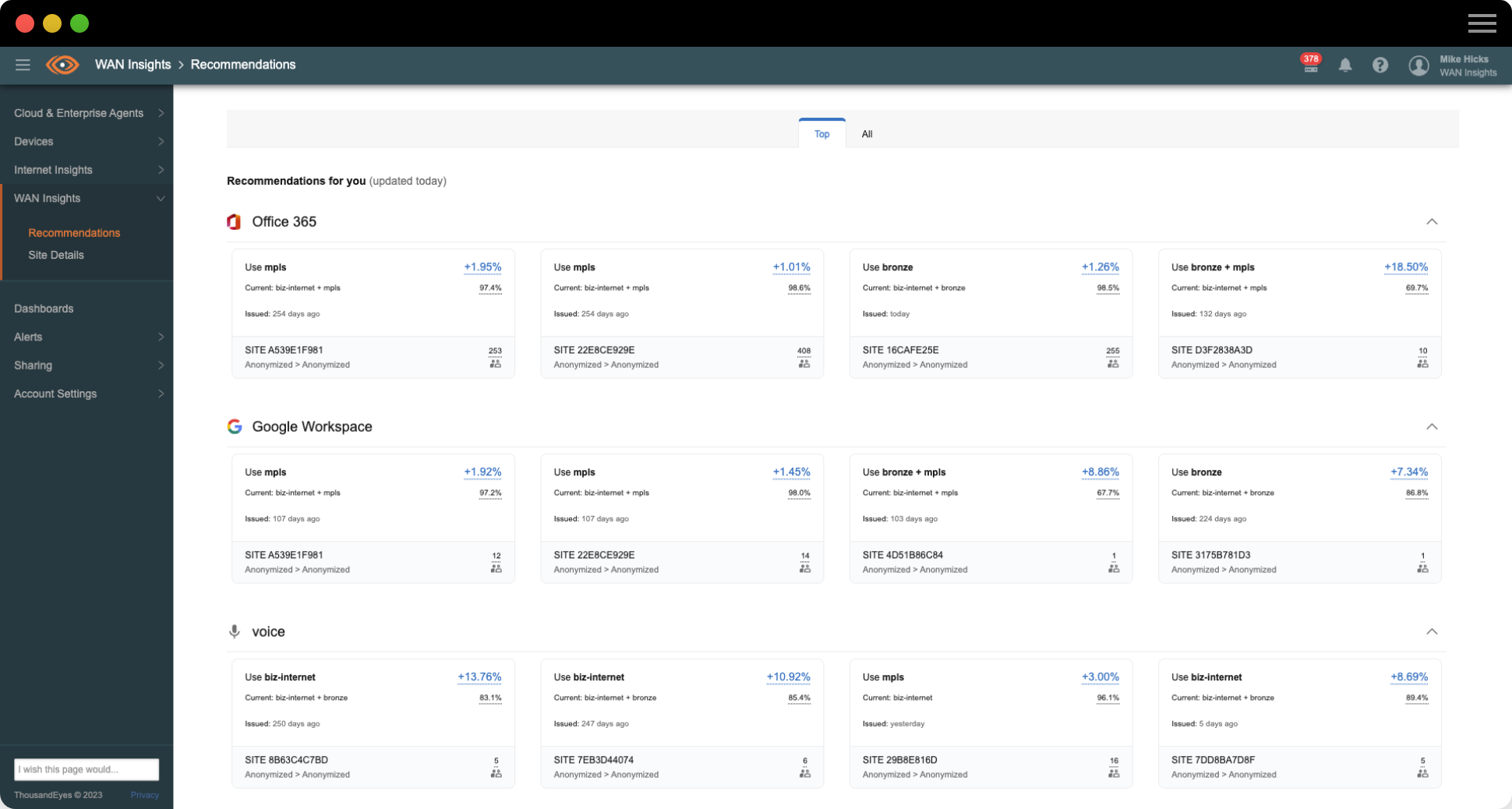 Screenshot di ThousandEyes WAN Insights che, in base alle previsioni sulla qualità, mostra le policy consigliate per la SD-WAN per Office 365, Google Workspace e servizi vocali.